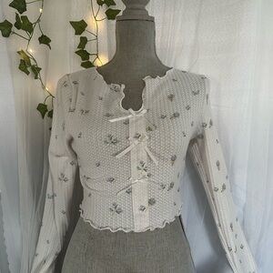 Cropped White Floral Lace-Up Long Sleeve Top